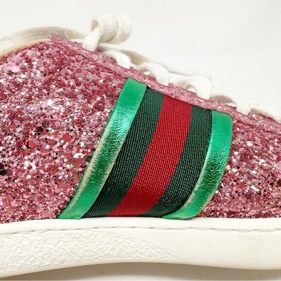 Gucci Ace Web Stripe Pink Glitter Low Top Sneakers - Picture 13 of 15
